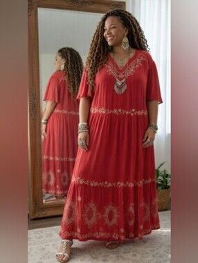 Boho 1XL Red Maxi Cottage Whimsical Hippie Gypsy Long Festival Dress